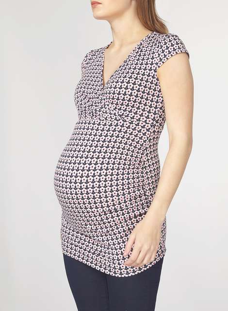 **Maternity Pink Retro Floral Ruched Wrap Top